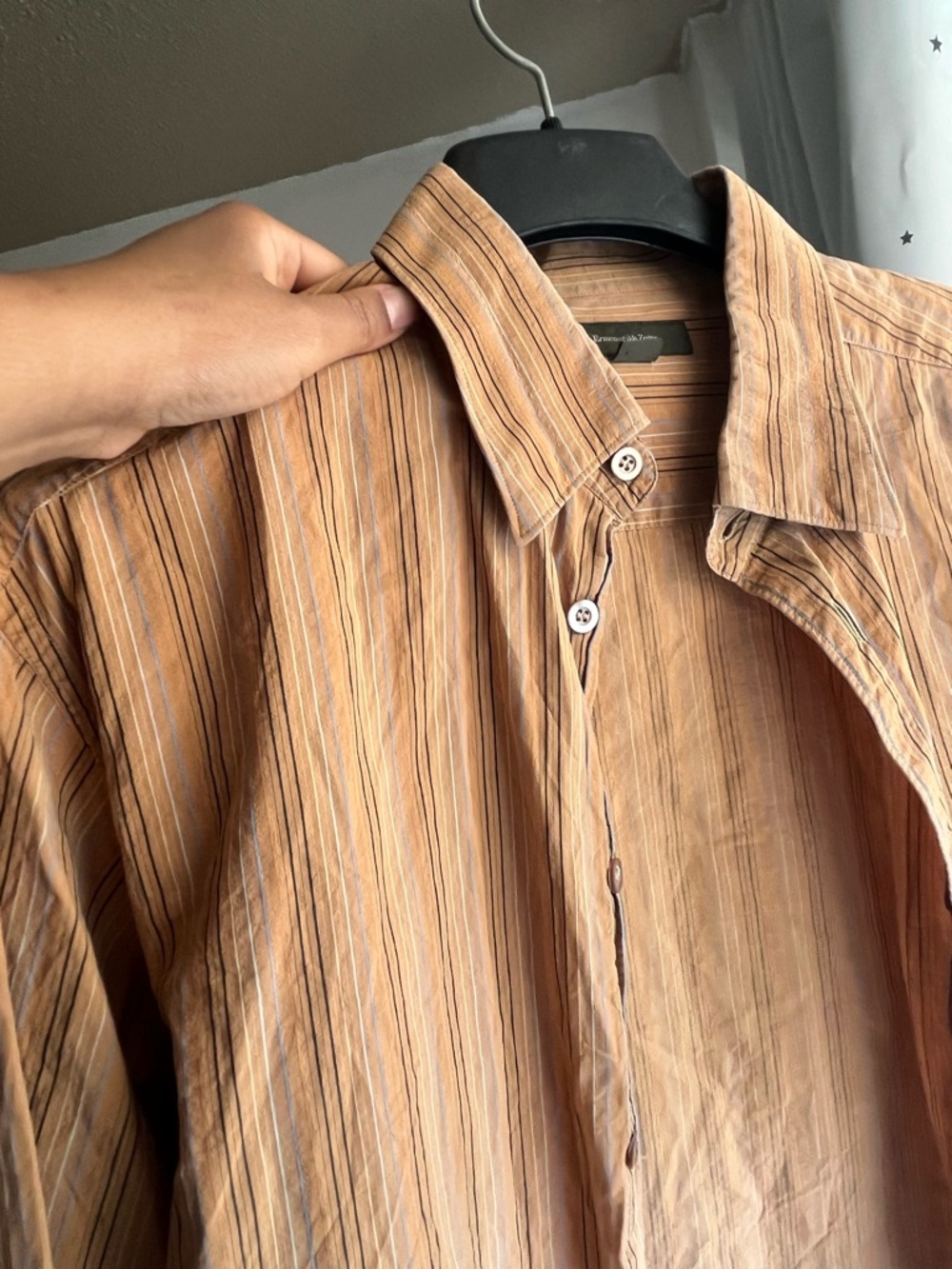 Ermenegildo Zegna Tan Shirt with Thin Blue & Black Stripes - Picture 3 of 7